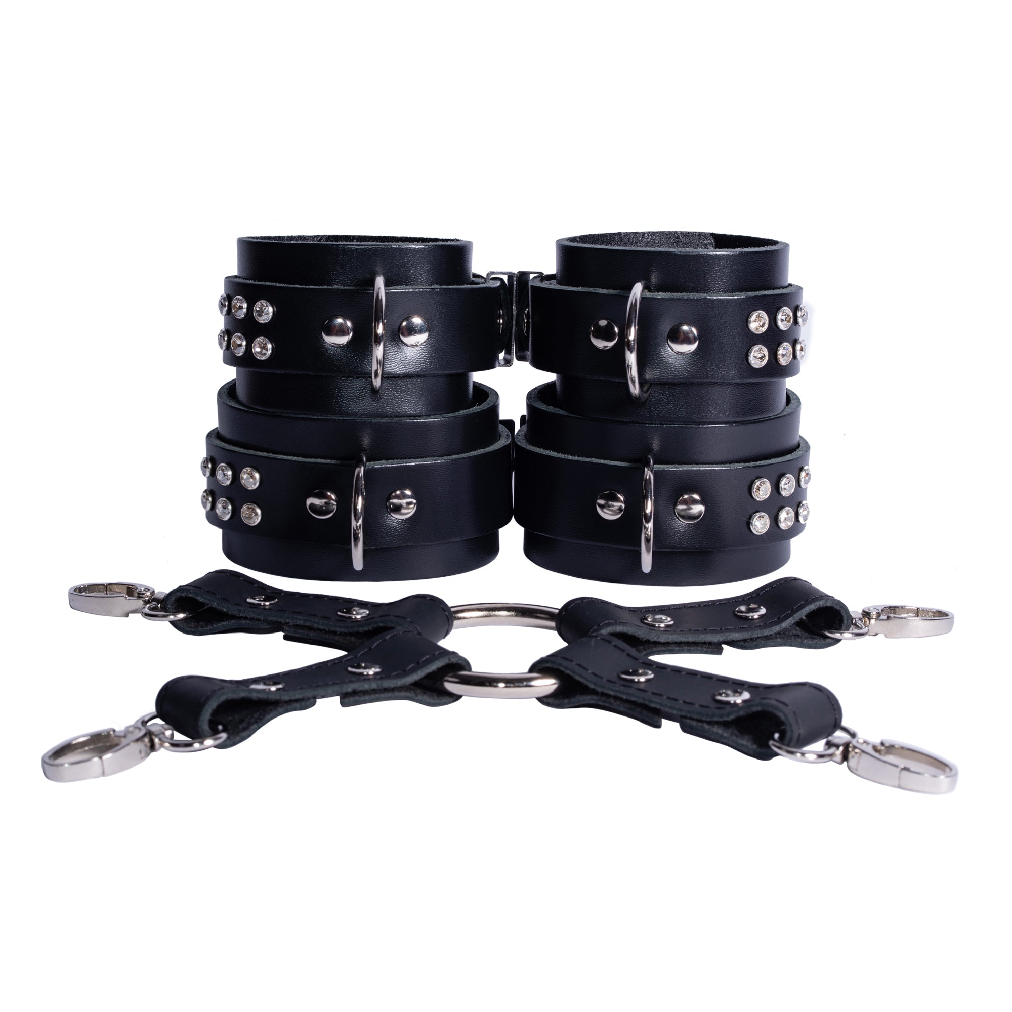 BDSM Crystal Leather Wrist & Ankle Cuffs Set with Hogtie Restraint and Connectors | Valerie Collection
