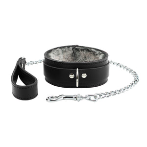 Handcrafted Premium Latigo Leather BDSM Collar and Leash with Chinchilla Faux Fur Lining | Atlas Collection