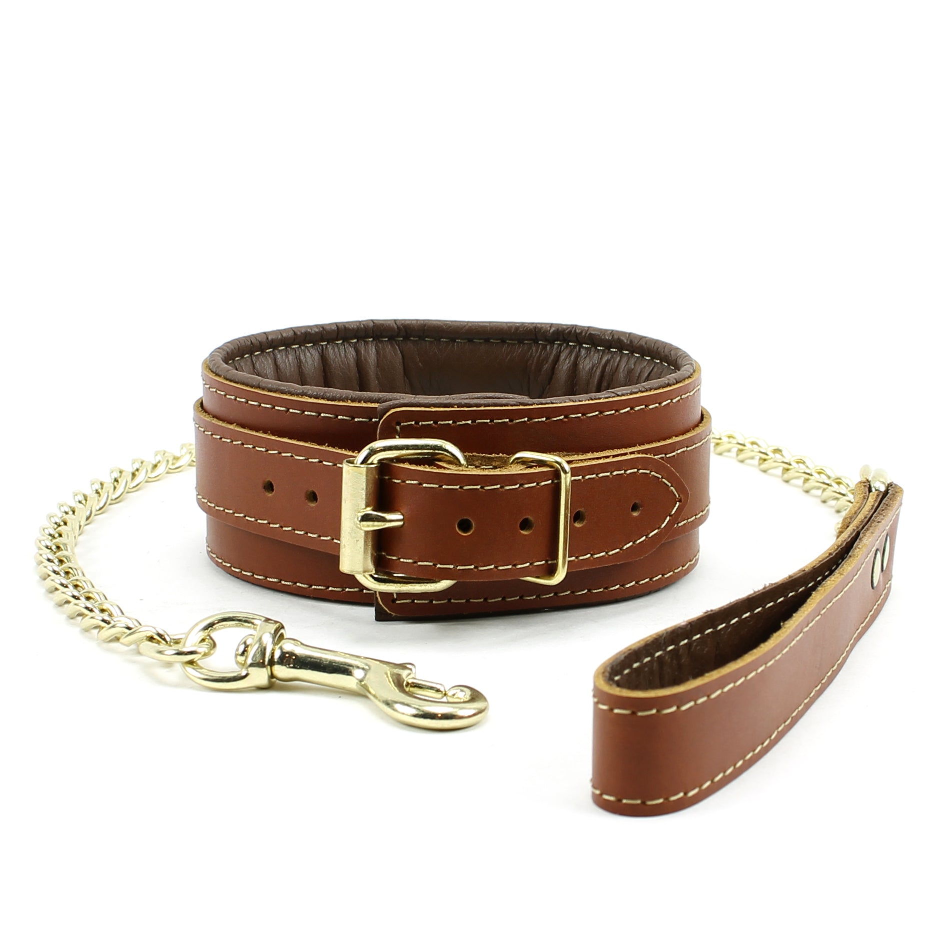 Brown Leather Collar and Leash Set for BDSM - Padded & Durable | Fox Collection