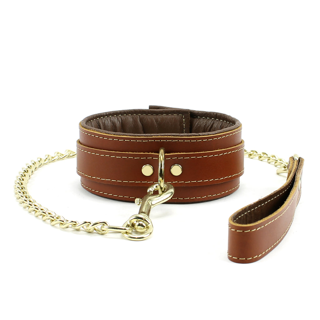 Fox Padded Brown Leather Collar and Leash