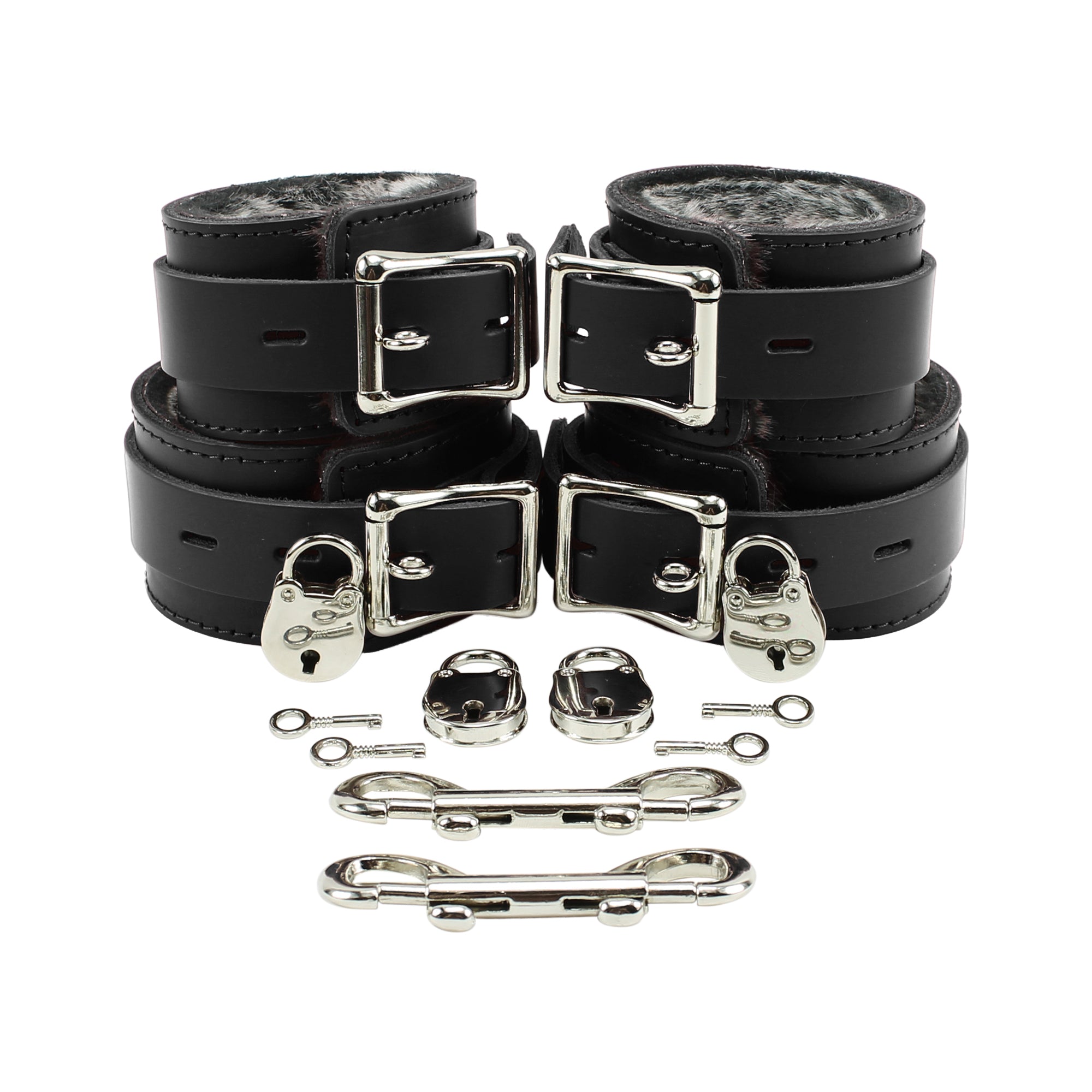 Bondage Fur Wrist & Ankle Cuffs Set with Hogtie - Sturdy Leather BDSM Restraints | Atlas Collection