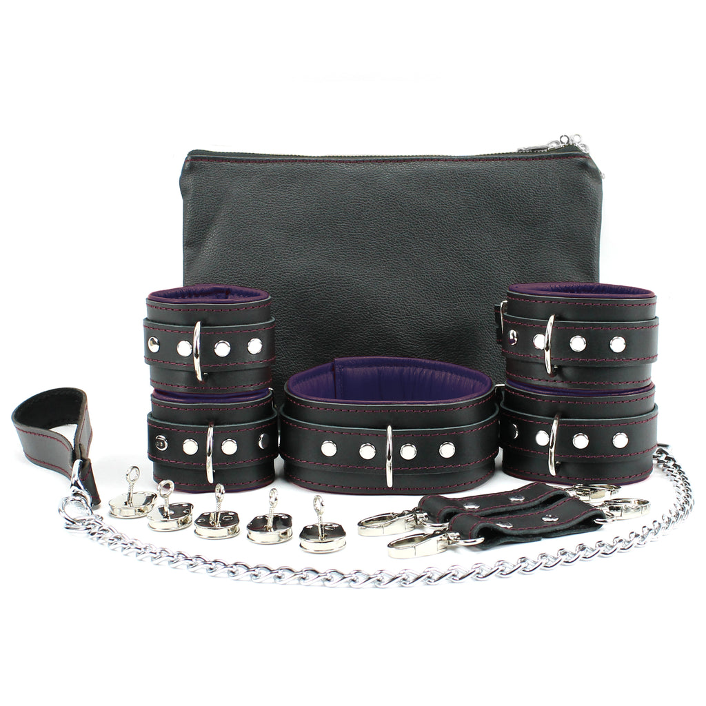Madison Leather BDSM Collar and Cuff Set - Full Grain, Handmade with Chain Leash | Madison Collection
